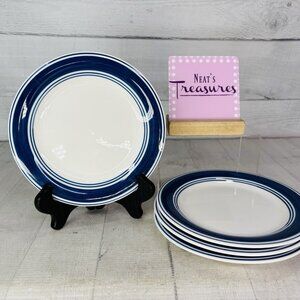 Mainstays CASUAL BANDED ROYAL BLUE Rings Stoneware White Salad Plates Set of 4